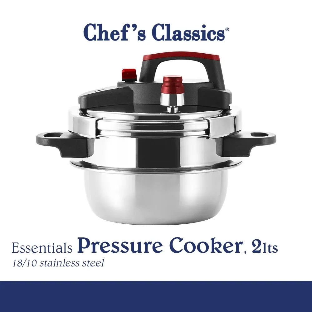 Chef's Classics Essential 2L pressure cooker, a small stainless pot with a locking lid, front view