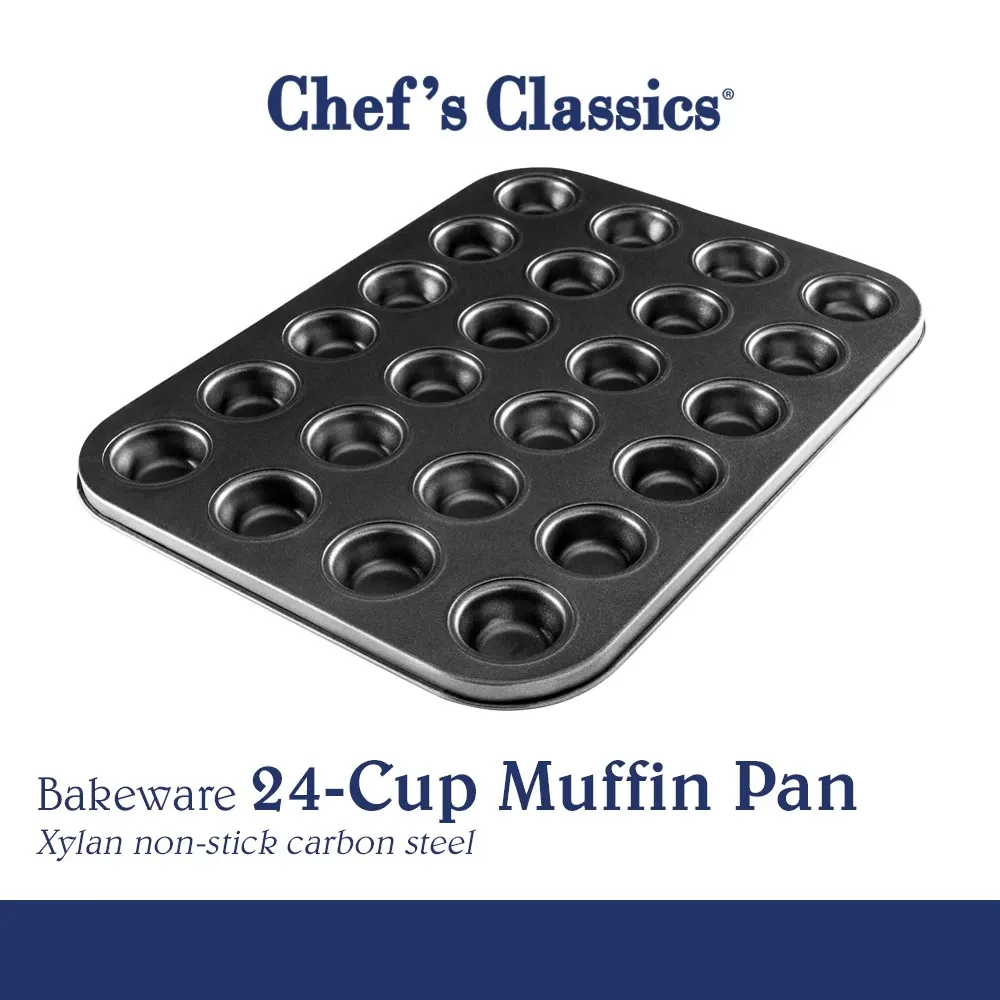 Chef's Classics non-stick 24-cup mini muffin pan in carbon steel, overhead view