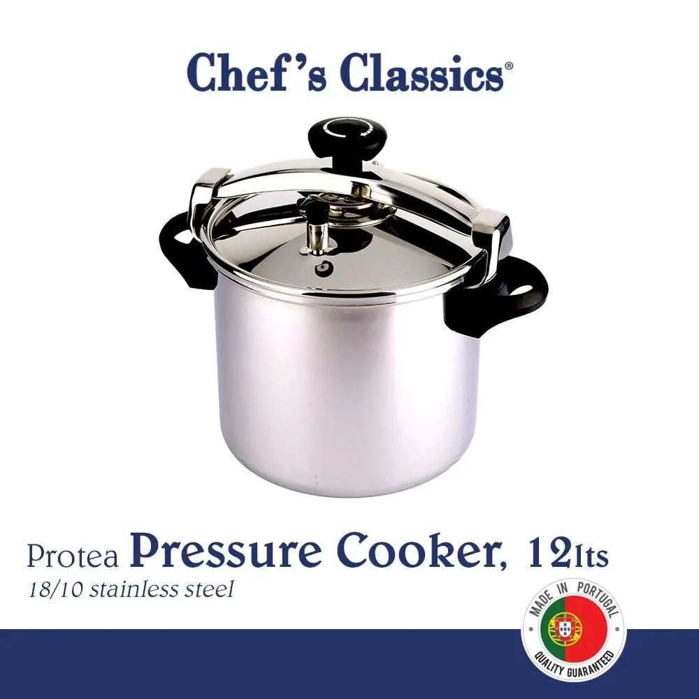 Chef's Classics Protea 12L stainless steel pressure cooker with twin side handles, front view