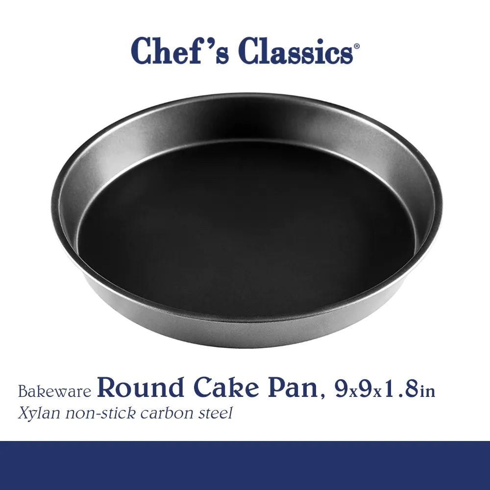 Chef's Classics non-stick carbon steel round cake pan, 9 inch, angled view