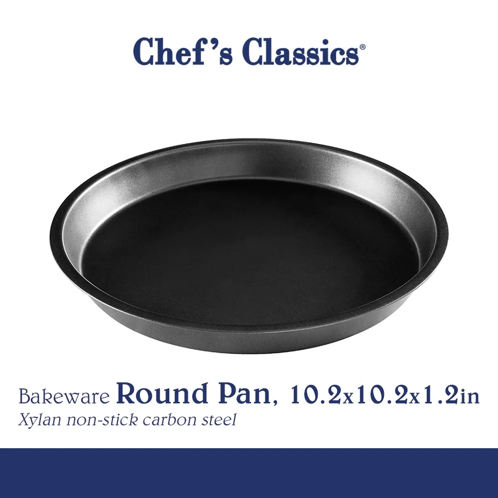 Chef's Classics non-stick round carbon steel baking pan, 10.2 inch, angled view