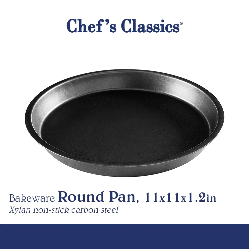 Chef's Classics non-stick round carbon steel baking pan, 11 inch, angled view
