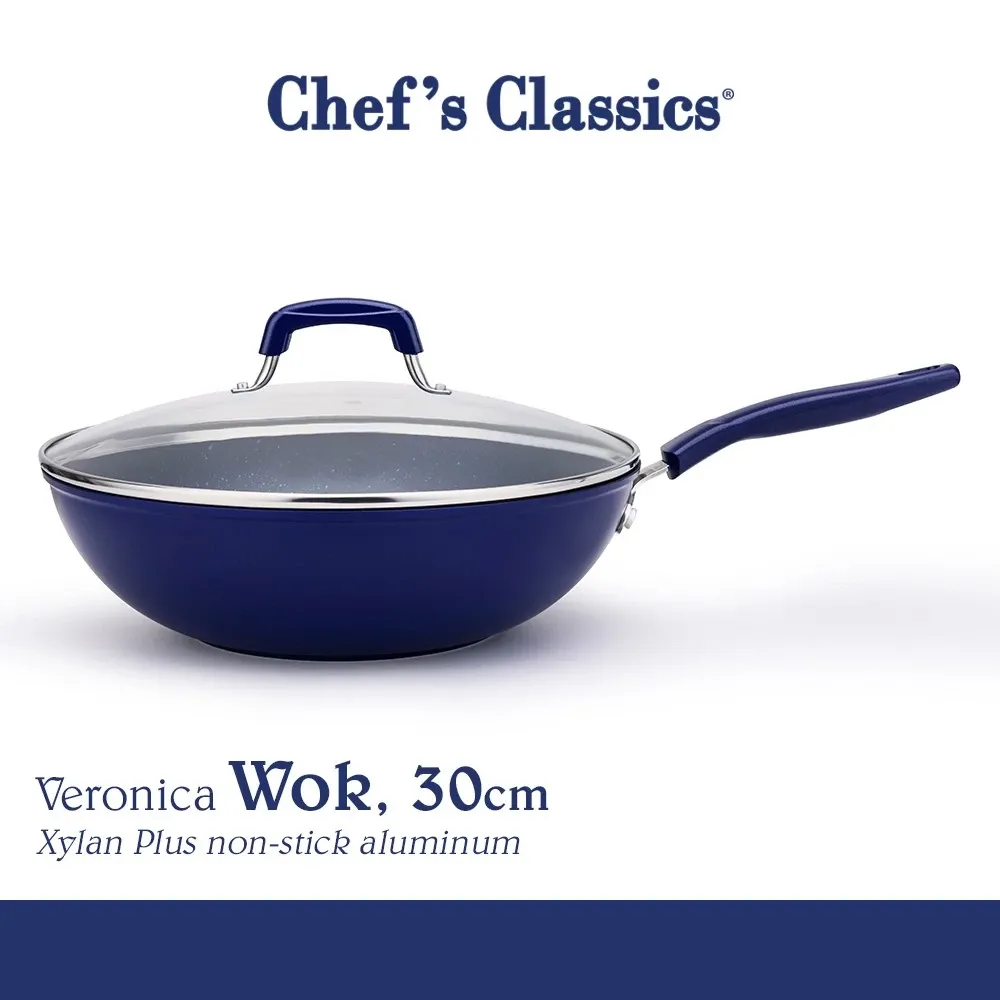 Chef's Classics Veronica 30cm non-stick wok in royal blue, front view