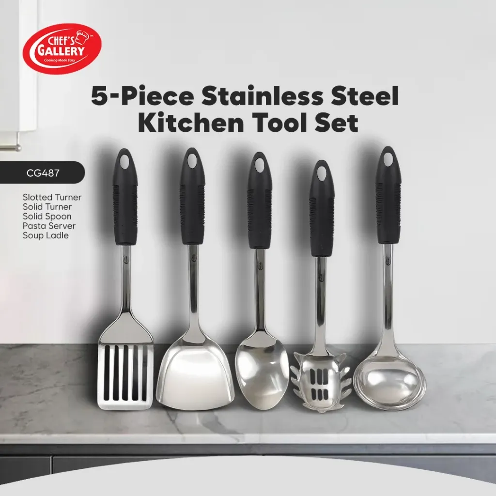 Chef's Gallery CG487 five-piece stainless steel kitchen tool set with black grip handles standing on a counter