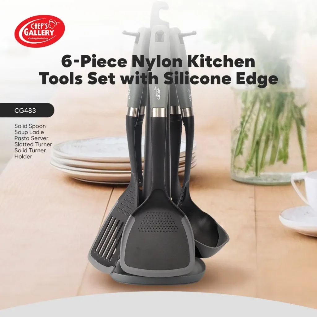 Chef's Gallery CG483 six-piece grey nylon kitchen tool set with silicone edges hanging on its stand