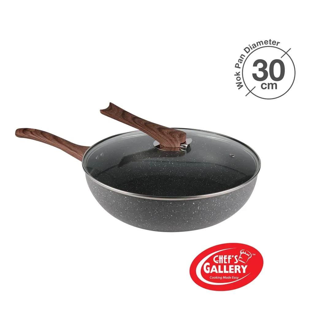 Chef's Gallery Induction Rock Wok 30cm with lid, stone non-stick coating, front view