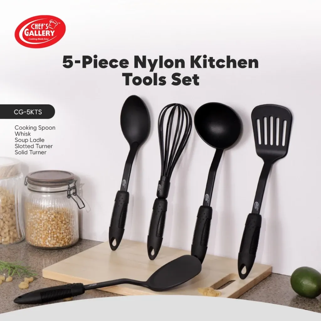 Chef's Gallery CG-5KTS five-piece black nylon kitchen tool set with ribbed grips, standing on a wooden board