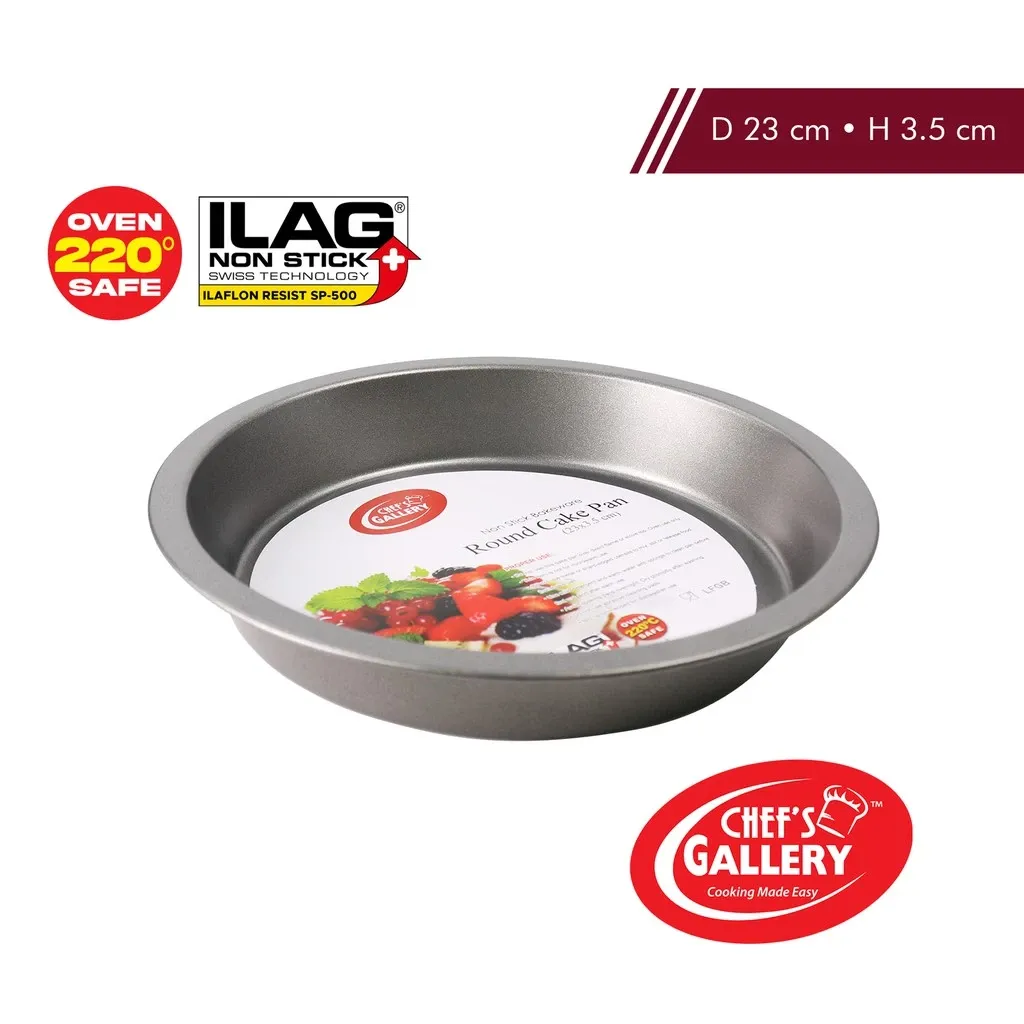 Chef's Gallery non-stick high grade carbon steel round cake pan, 23cm, angled view