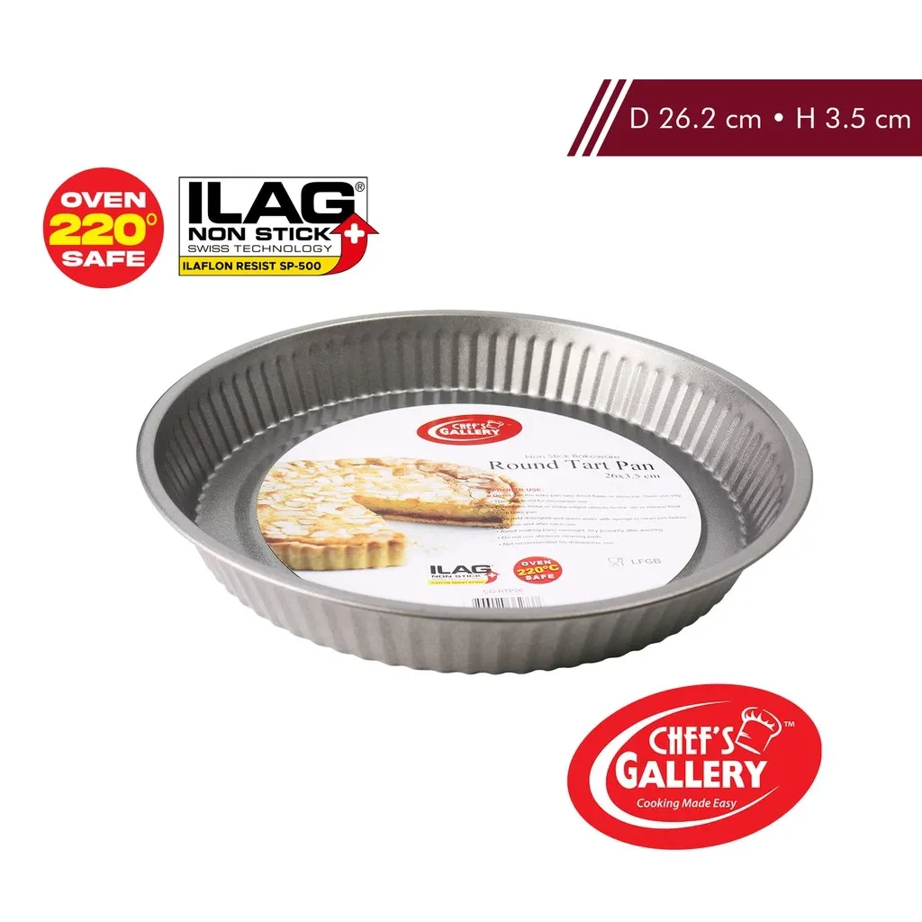 Chef's Gallery non-stick carbon steel round tart pan with fluted rim, 26cm, overhead view