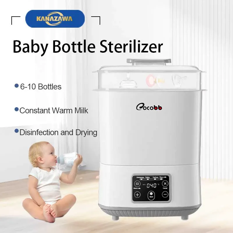 COCOBB white double-layer baby bottle sterilizer and dryer with clear upper chamber holding bottles and pacifiers, and a touch control panel