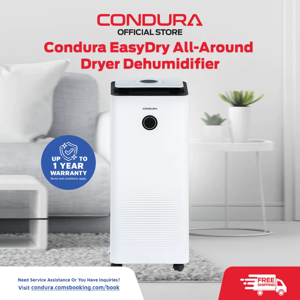 Condura EasyDry 20L white dehumidifier on castors in a living room, front view with top control panel