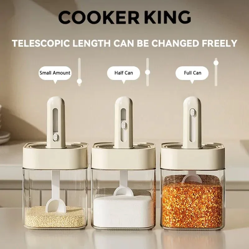 Cooker King glass retractable seasoning bottle with built-in spoon lid, front view