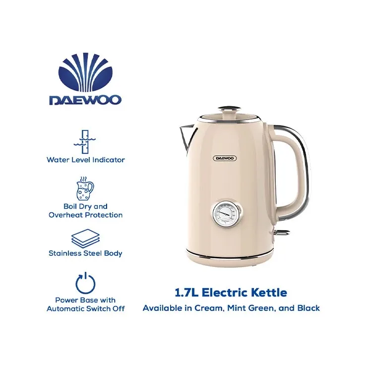 Daewoo 1.7L electric kettle in stainless steel with black handle, front view