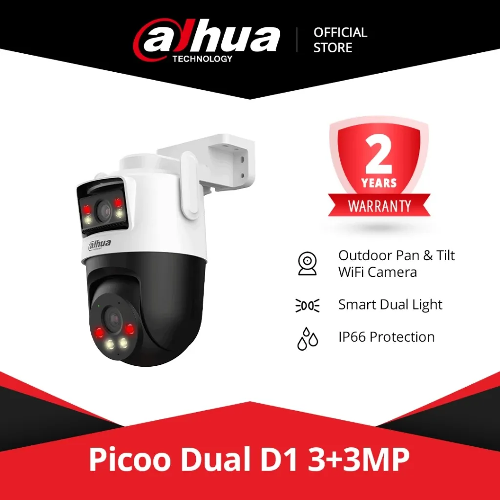 DAHUA Picoo Dual D1 outdoor camera, a white and black unit with a fixed lens above a pan-and-tilt lens, both ringed by lights