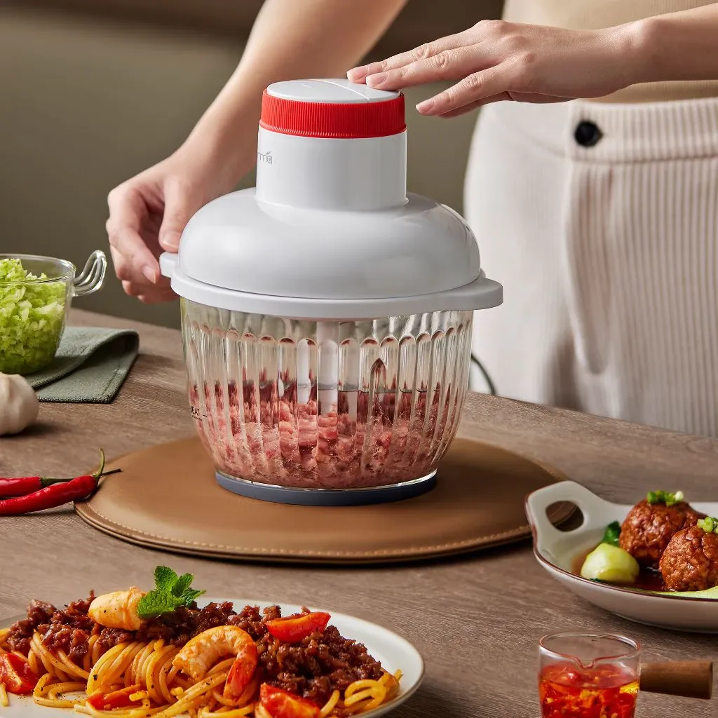 Deerma electric meat grinder and food processor with stainless steel bowl, front view