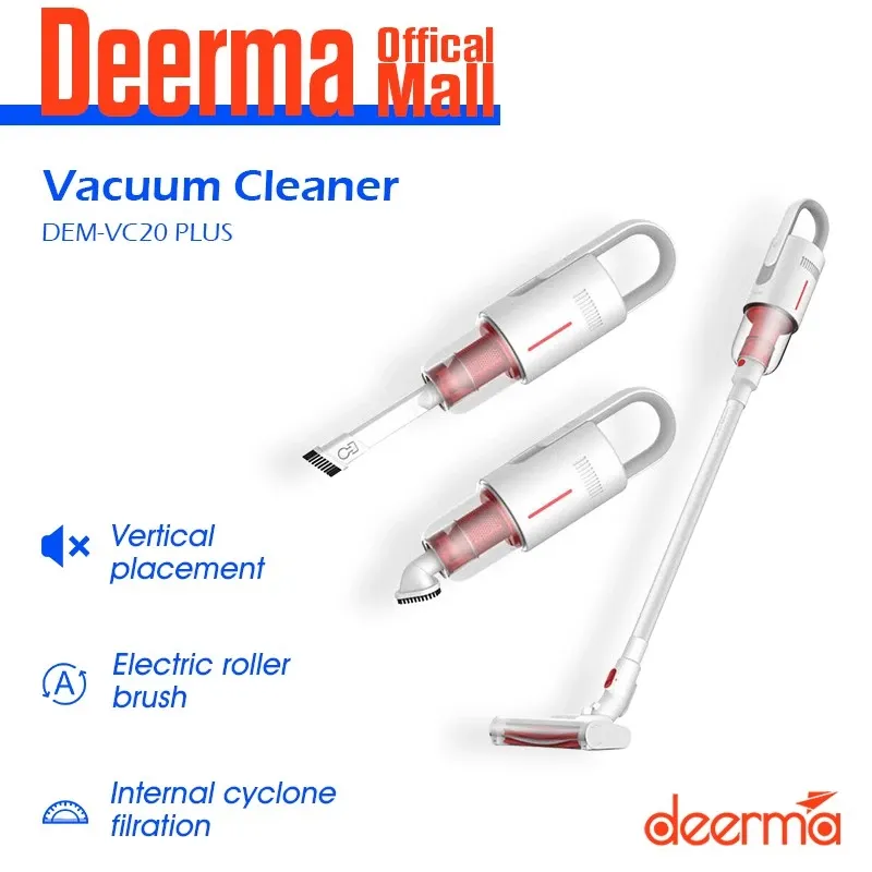 Deerma VC20 Plus cordless stick vacuum in white and pink, shown upright with floor head