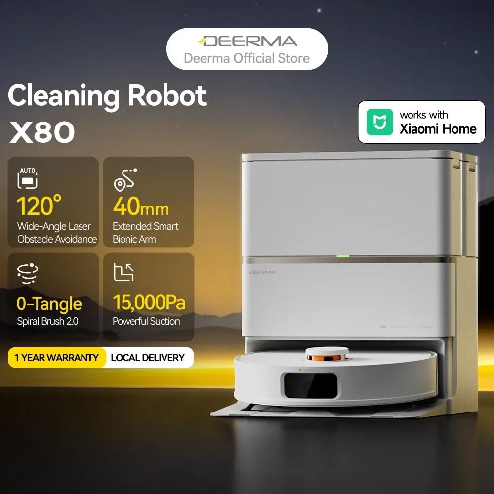 Deerma X80 white robot vacuum with bionic dual-arm mop extended