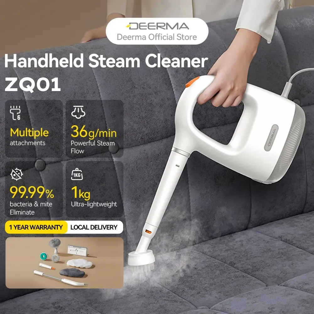 Deerma ZQ01 handheld steam cleaner with six brush attachments laid out, top view