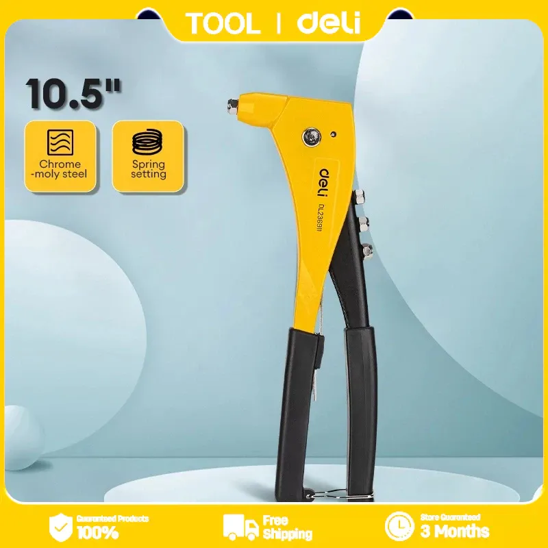Deli EDL236910 10.5 inch hand riveter with grey arms, red coated grips and spare nosepieces