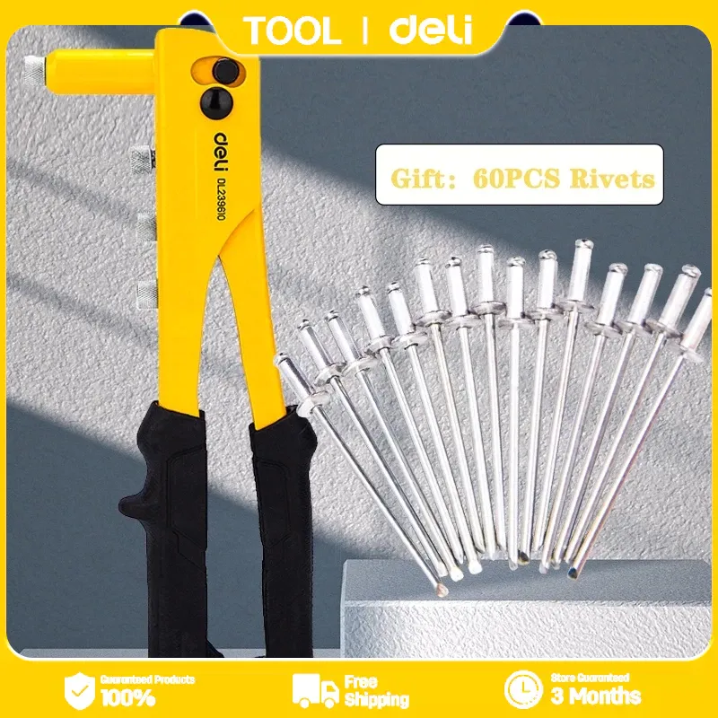 Deli hand riveter set with a grey rivet gun, four nozzles and a pack of 60 assorted rivets, laid out