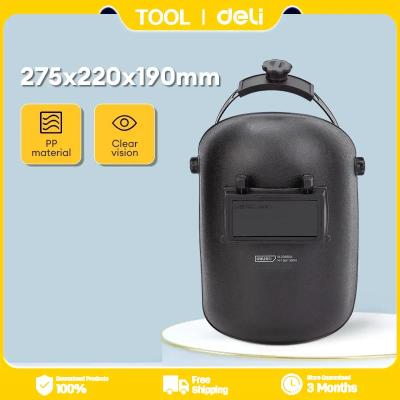 Deli Tools LCD auto darkening welding helmet with dark shell and rectangular lens, front view