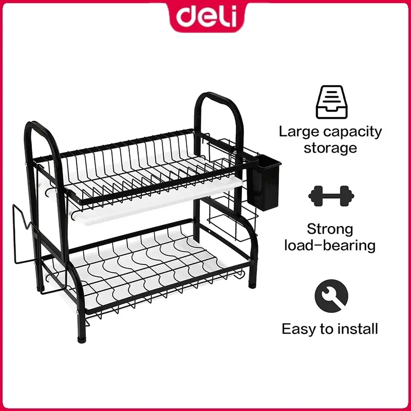 Deli VS706-BK black two-layer dish rack with white drainage trays, clip-on utensil cup and side hooks, angled view
