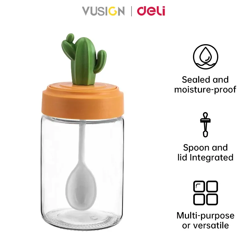 Deli Vusign VS946 cactus-shaped glass seasoning jar with wooden lid, front view