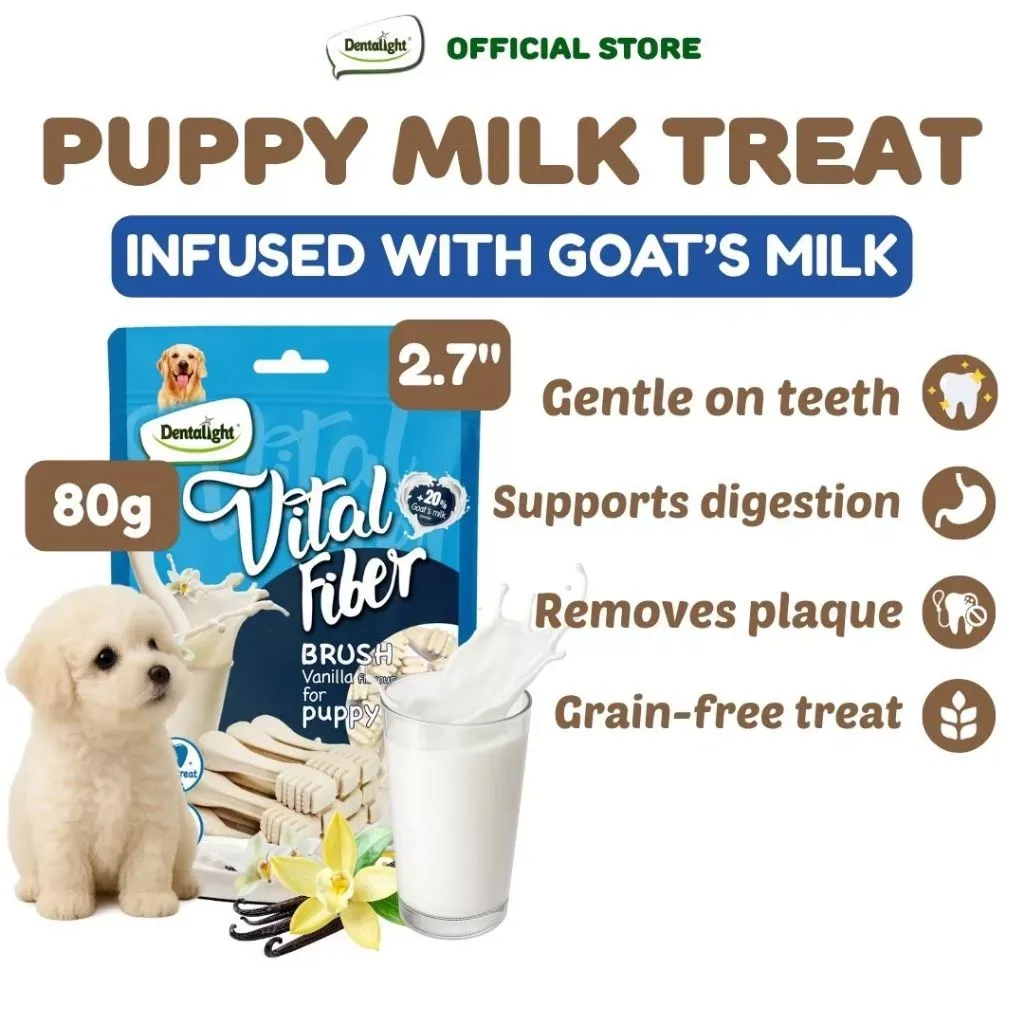Dentalight Vital Fiber goat milk dental dog treats, 80g pack front view