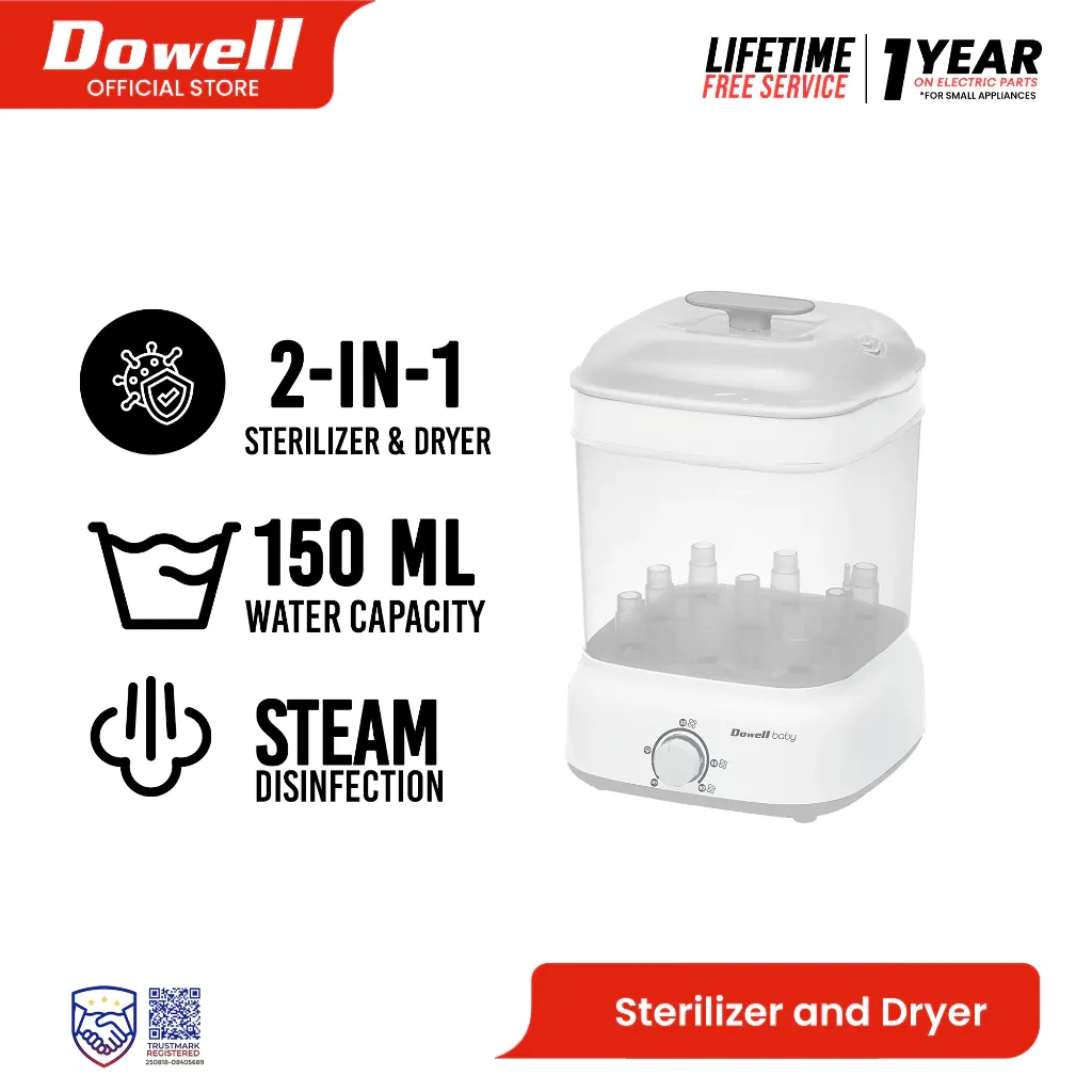 Dowell BSD-012T white 2-in-1 baby bottle sterilizer and dryer with clear chamber, bottle rack and dial control, front view
