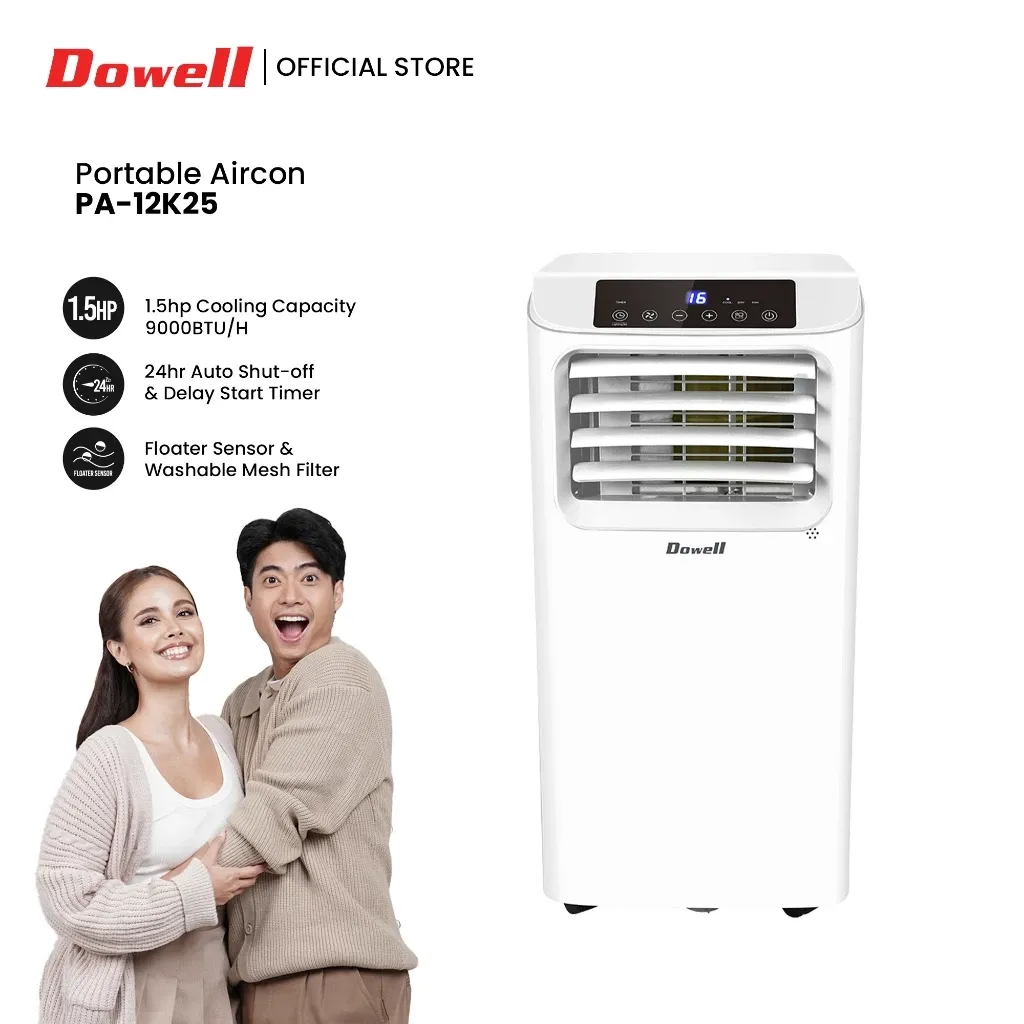 Dowell PA-12K25 portable aircon, a white unit with an LCD touch display on top, louvred front vent and castor wheels
