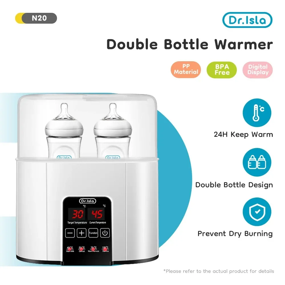 Dr.Isla N20 white double bottle warmer and sterilizer holding two baby bottles under a clear cover, with red digital temperature display