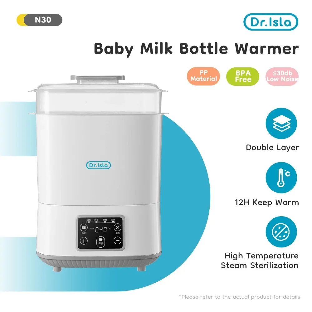Dr.Isla N30 white double-layer baby bottle sterilizer and warmer with clear lid and touch panel showing 40 degrees, front view