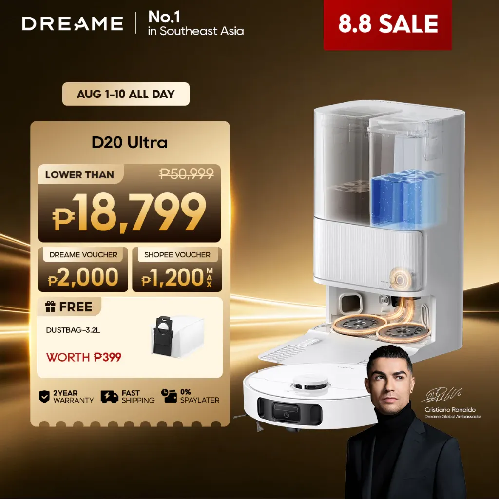Dreame D20 Ultra black robot vacuum in front of its white PowerDock base station