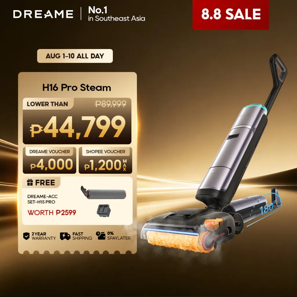 Dreame H16 Pro steam wet and dry vacuum cleaner upright with floor head, side view