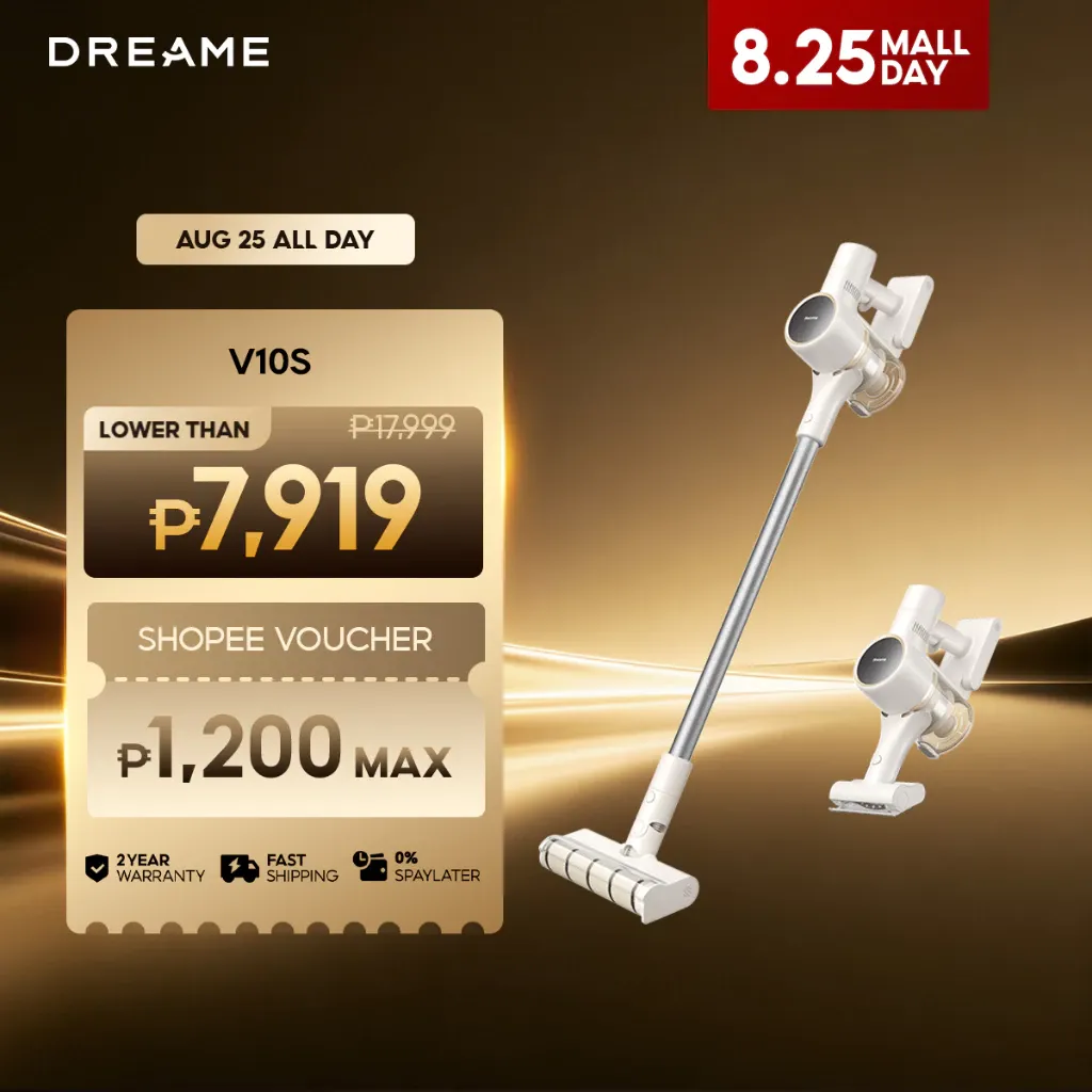 Dreame V10S cordless stick vacuum in white with green laser dust detection floor head