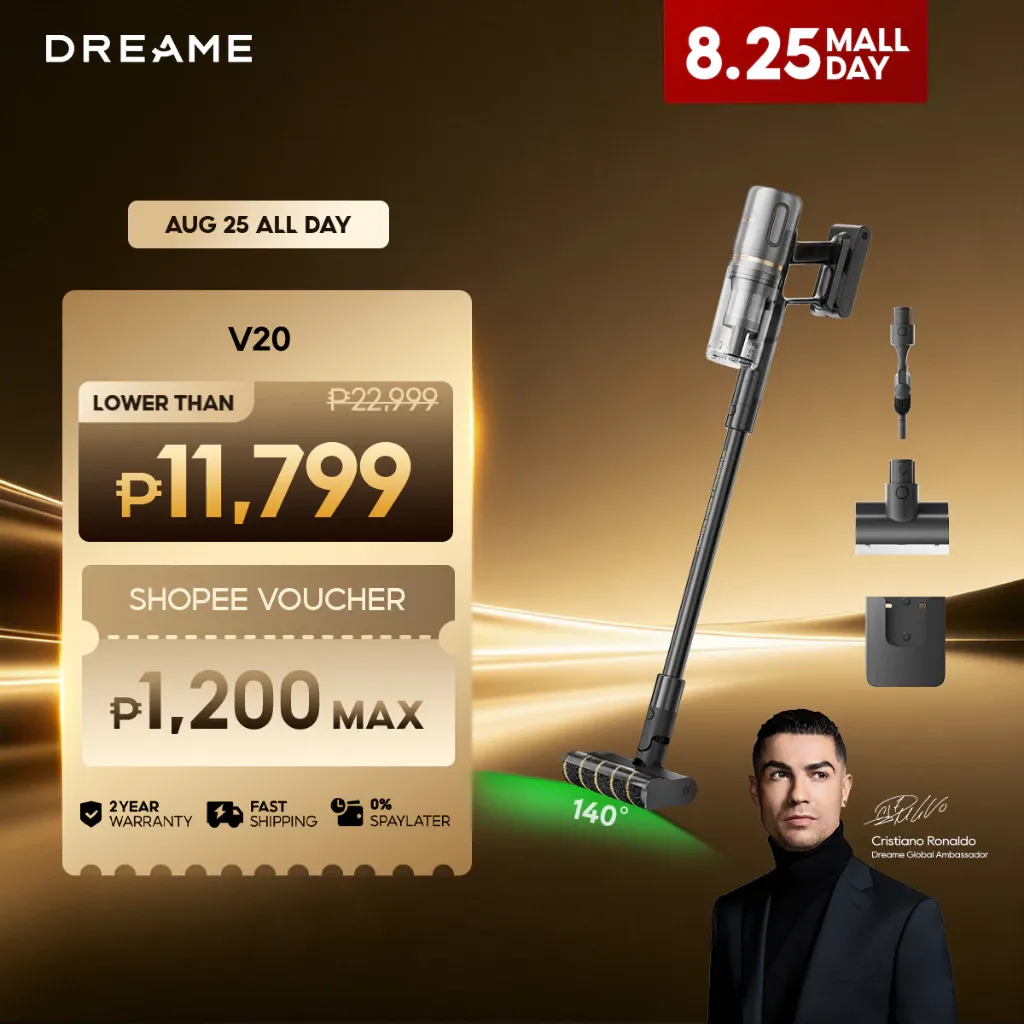 Dreame V20 cordless stick vacuum in white with green light detection floor head