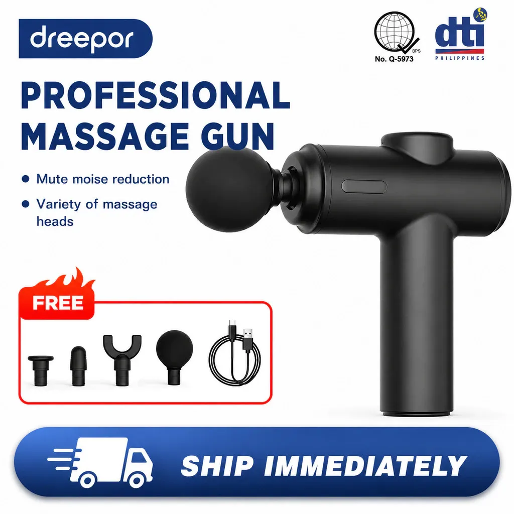 Dreepor electric fascia massage gun with four attachment heads laid beside it