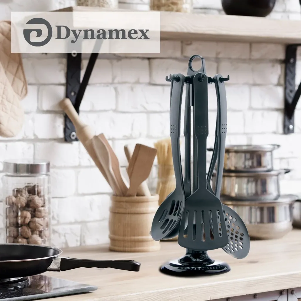 Dynamex DYMX149 seven-piece grey nylon kitchen tool set hanging on its rotating countertop stand