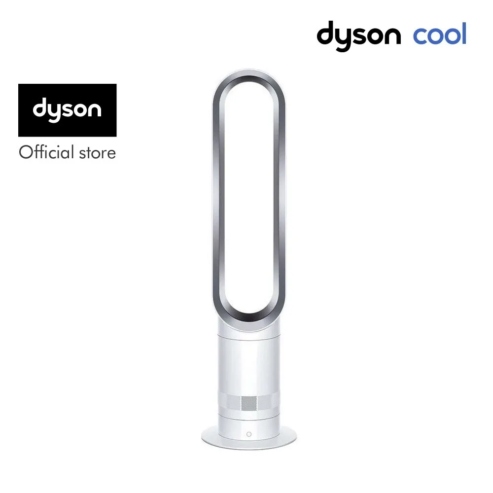 Dyson Cool AM07 white and silver bladeless tower fan with oval loop amplifier on a cylindrical base, front view