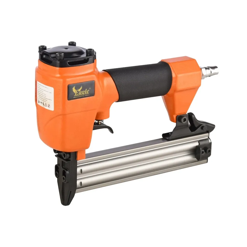Eagle Professional Tools heavy duty pneumatic air nail gun in orange with a black grip and aluminium magazine, side view