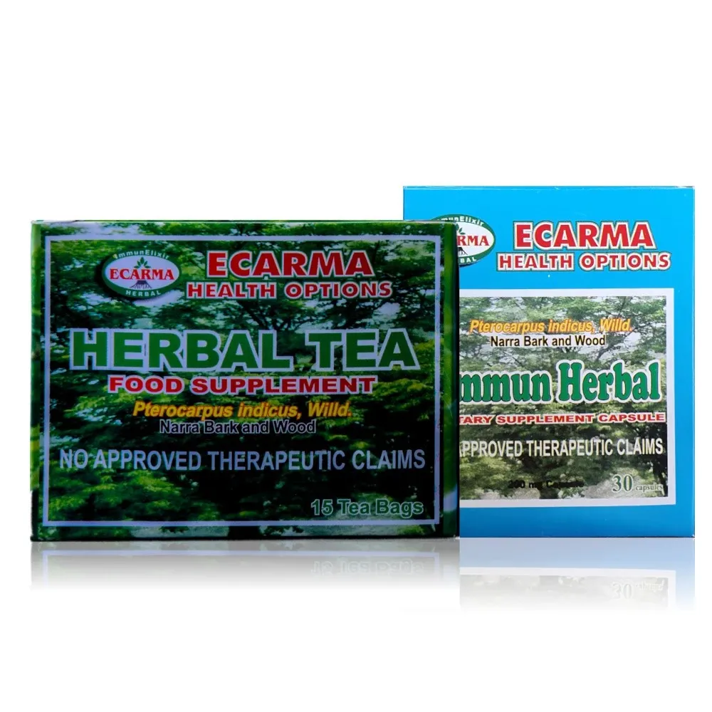 Ecarma Narra herbal tea box with dietary capsules bundle, front view