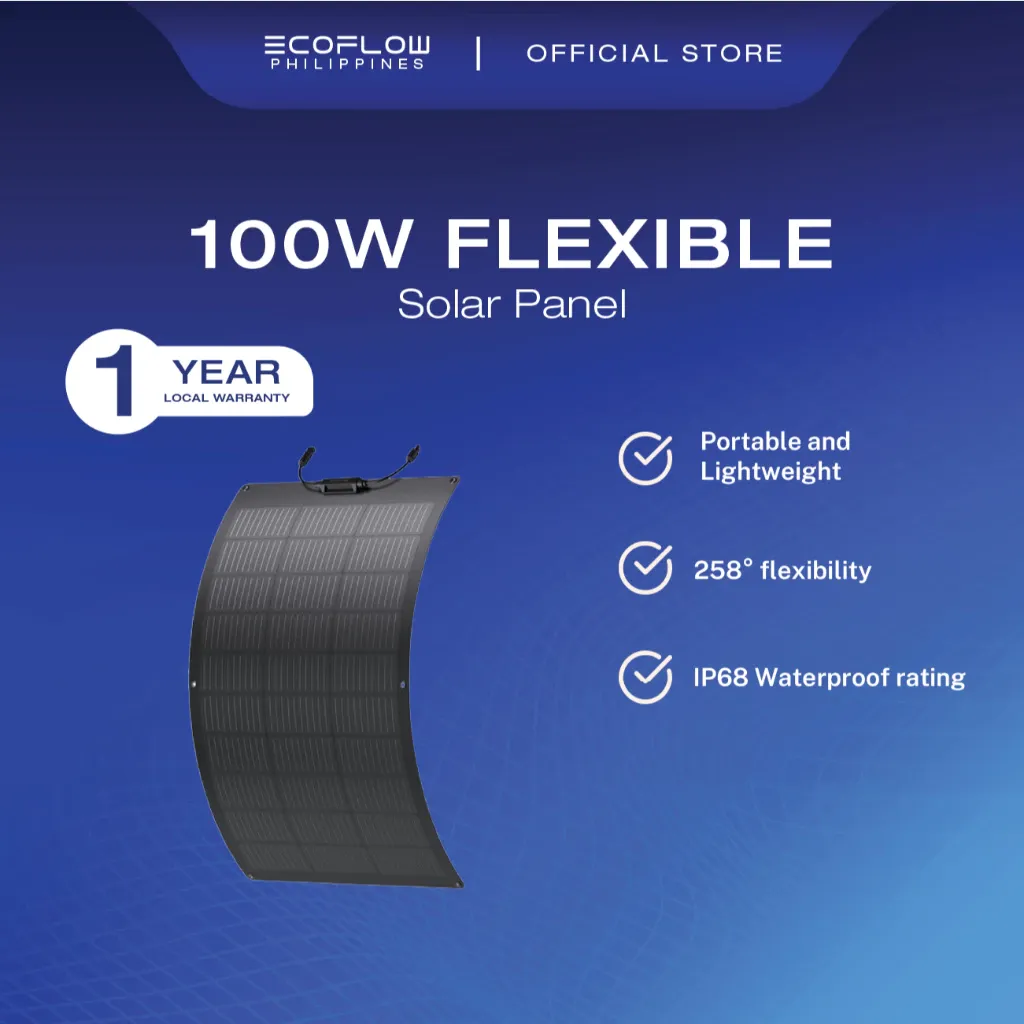EcoFlow 100W flexible solar panel, thin frameless monocrystalline sheet, front view