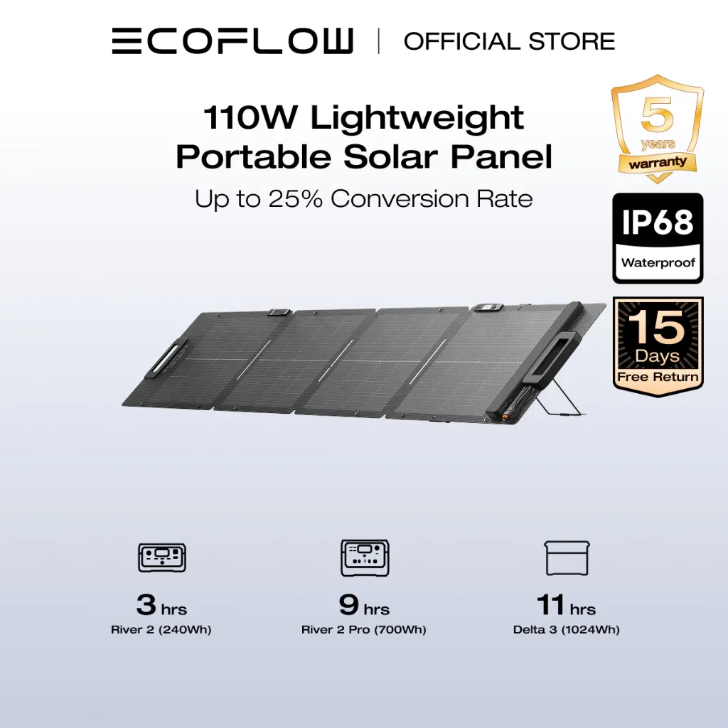 EcoFlow 110W lightweight portable solar panel unfolded on its kickstand, four segments with carry handle