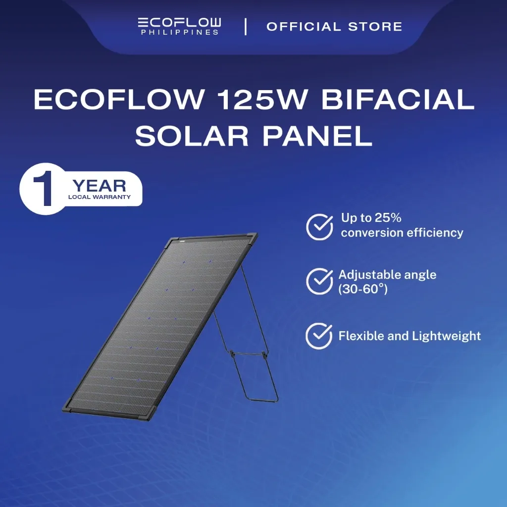 EcoFlow 125W bifacial solar panel on its adjustable wire kickstand, angled view