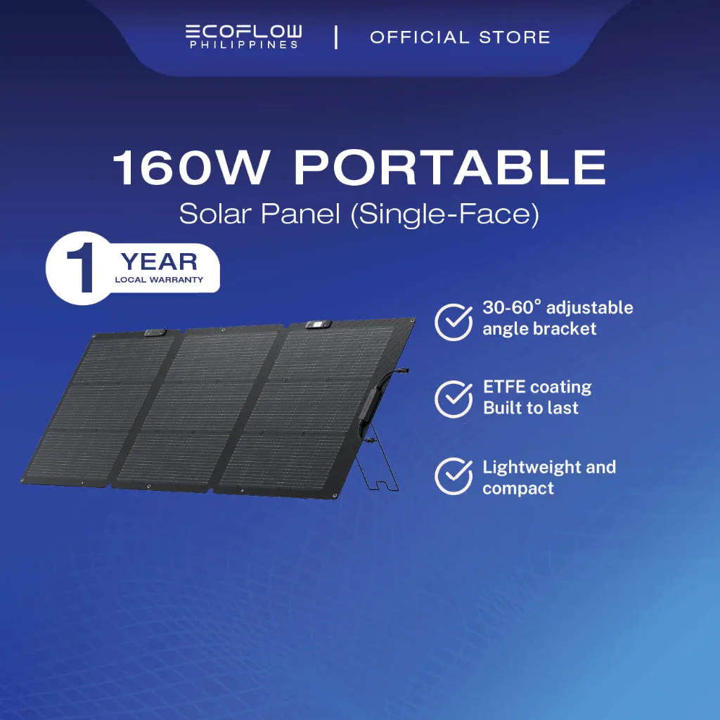 EcoFlow 160W portable solar panel folded open on its kickstand case, front view