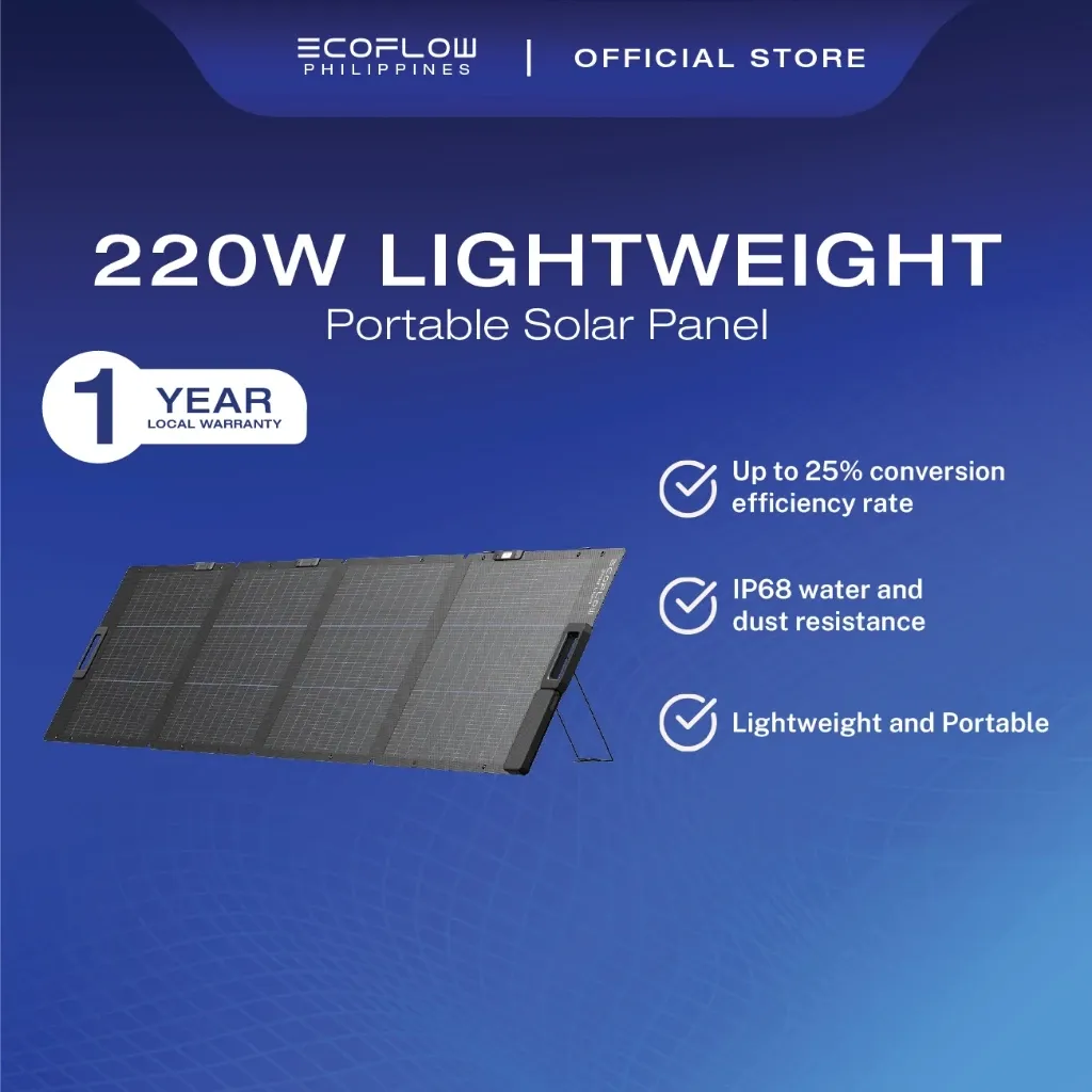 EcoFlow 220W lightweight portable solar panel unfolded into four segments with an integrated handle and stand