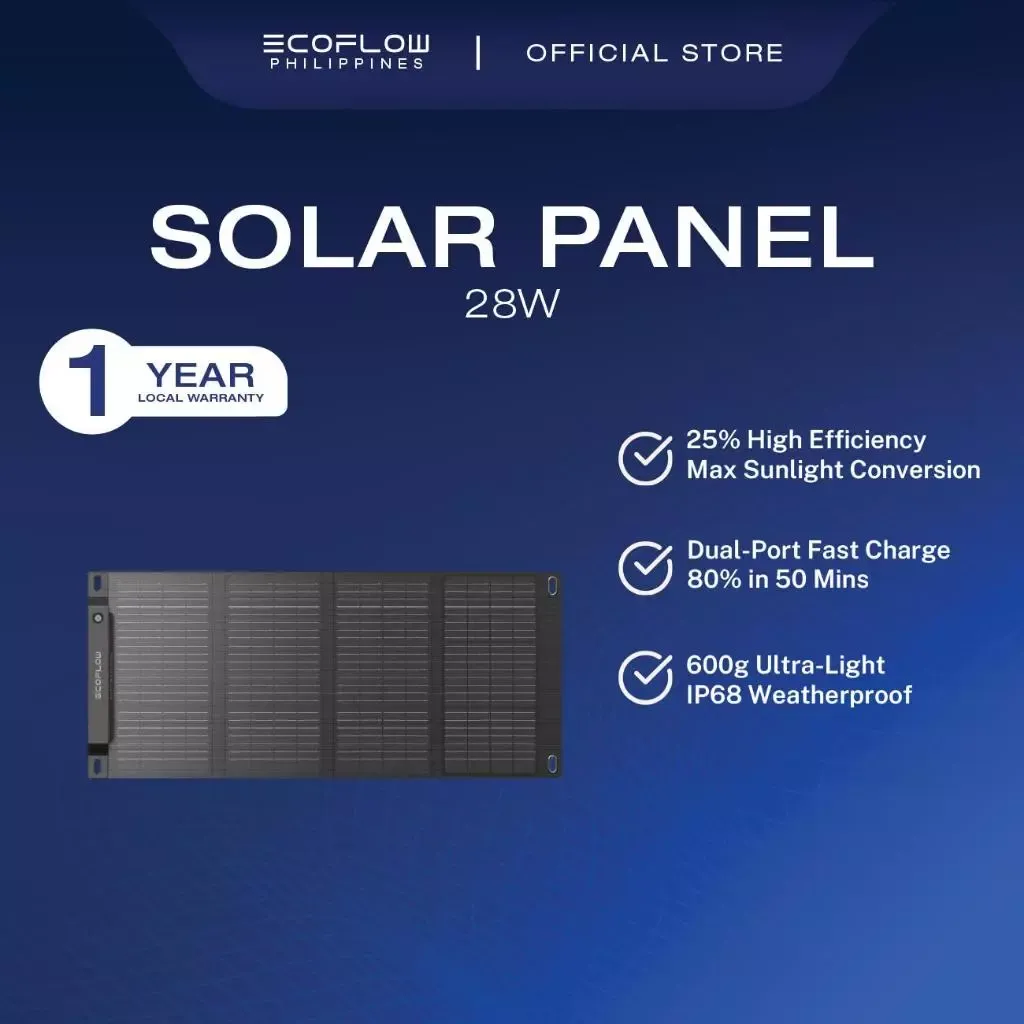 EcoFlow 28W portable solar panel folded open, showing USB-A and USB-C ports