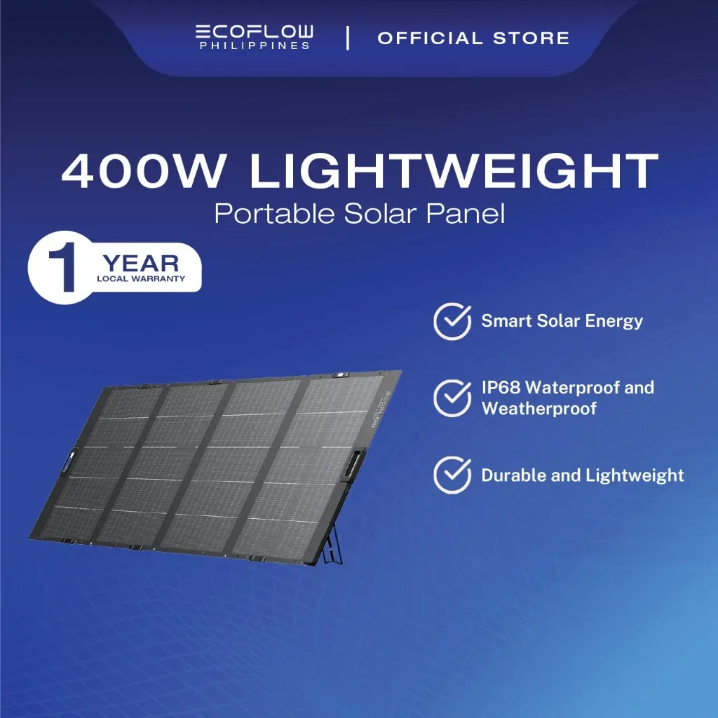 EcoFlow 400W lightweight portable solar panel unfolded into four segments with carry handles at each end