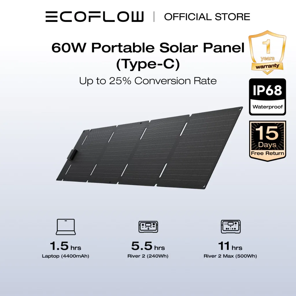 EcoFlow 60W flexible solar panel, thin monocrystalline sheet, front view