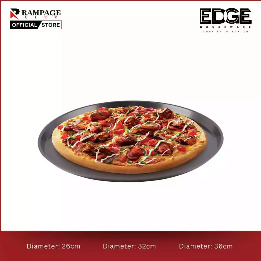 Edge aluminium non-stick round pizza pan in restaurant sizes from 26 to 36cm, overhead view